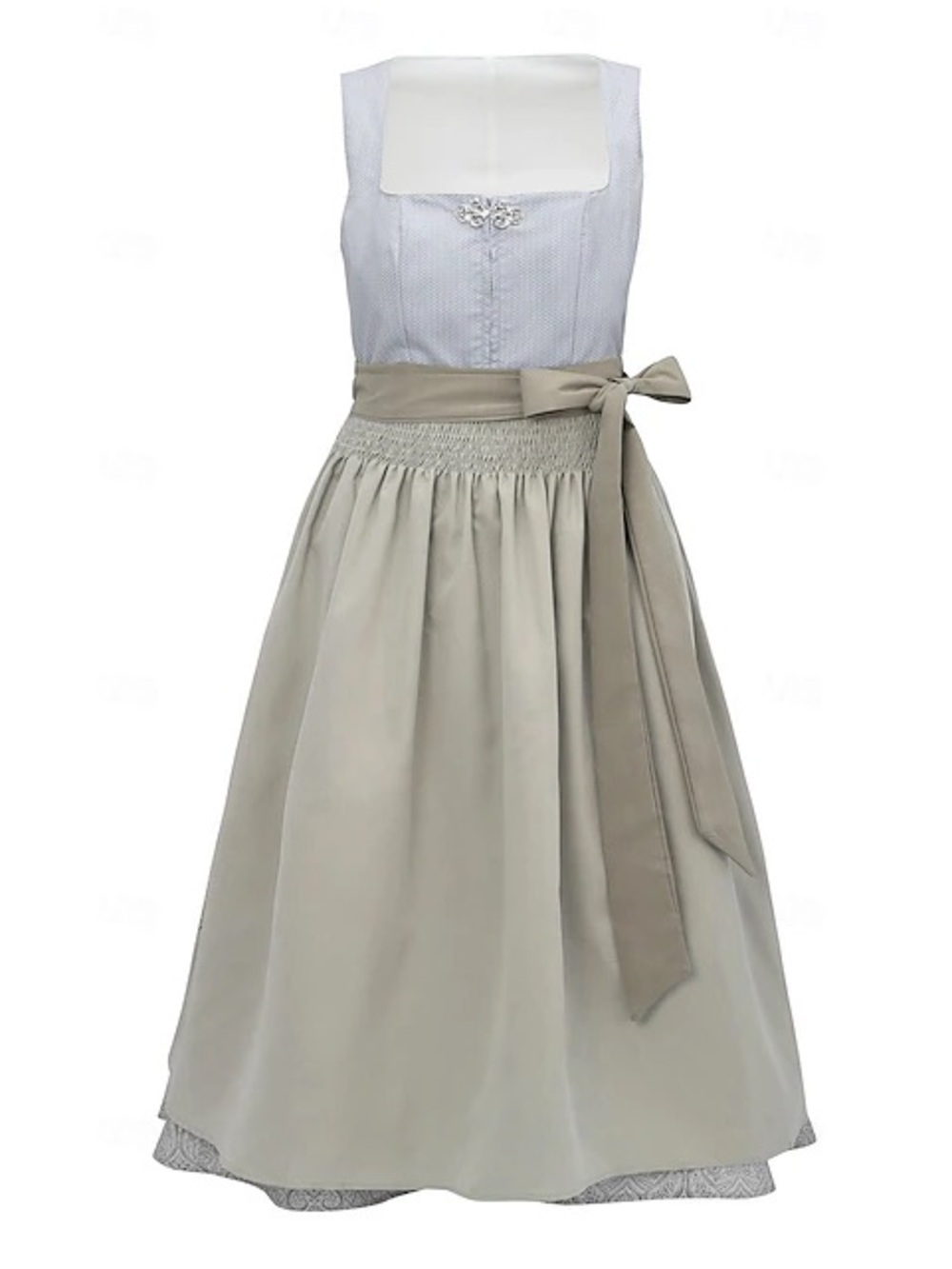 Traditional Square Neck Dirndl Dress in Light Gray; Small